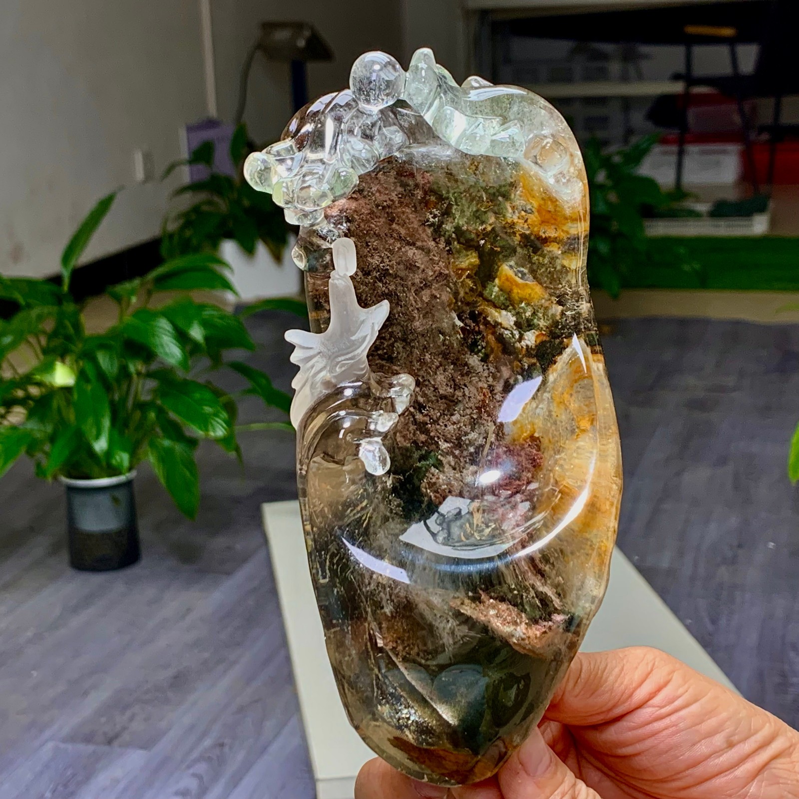 1.83LB Natural Green Ghost Crystal Quartz Wudao Buddha Carving Specimen