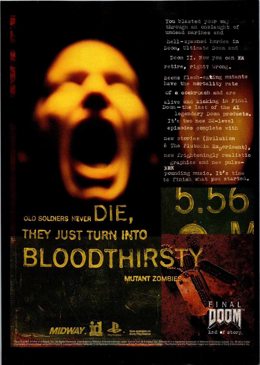 Midway Final Doom Vintage Print Ad PlayStation 1996 Mutant Zombies