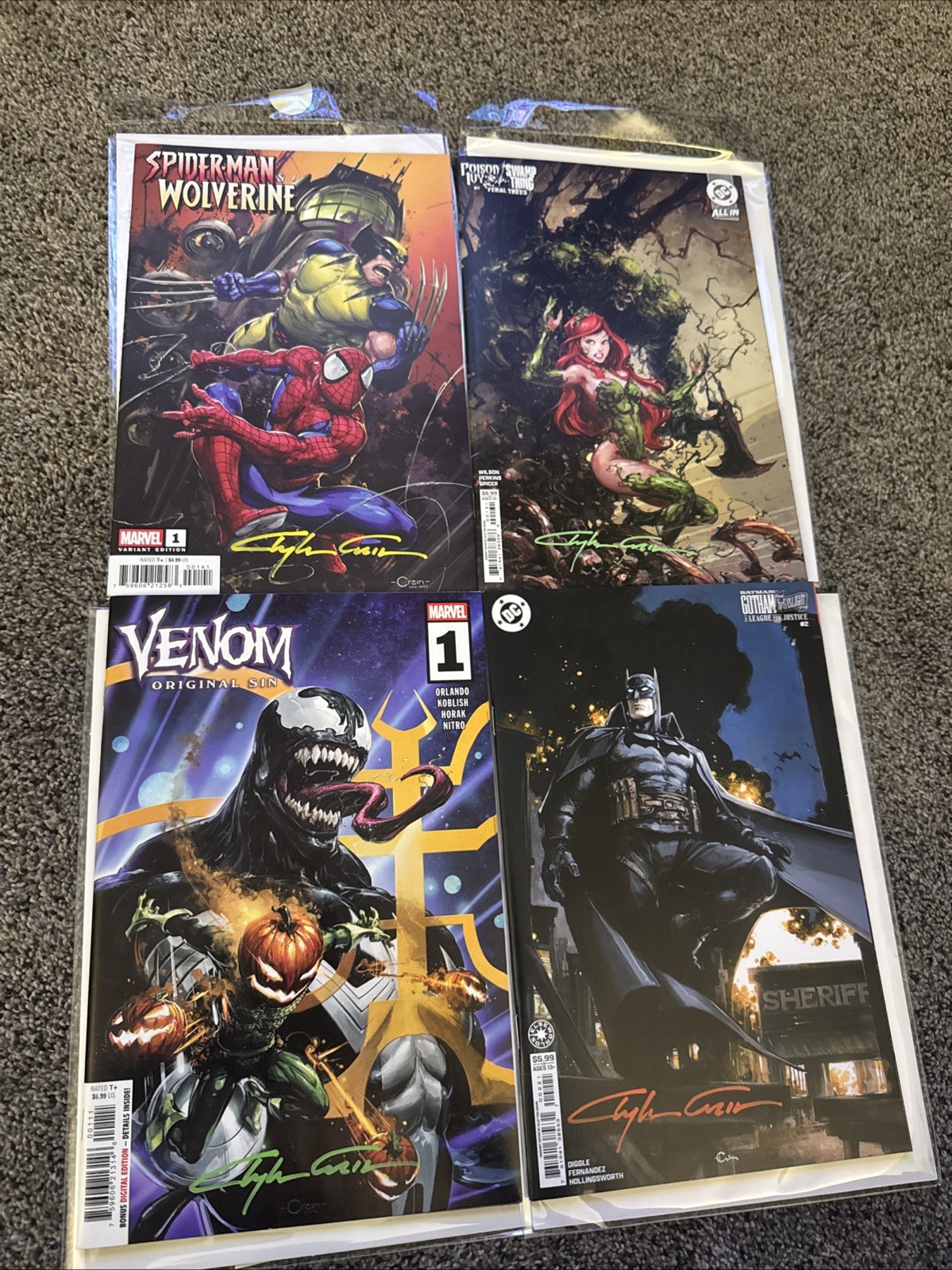 Signed Clayton Crain Comic Lot. Batman, Venom, Poison Ivy, Spiderman & Wolverine