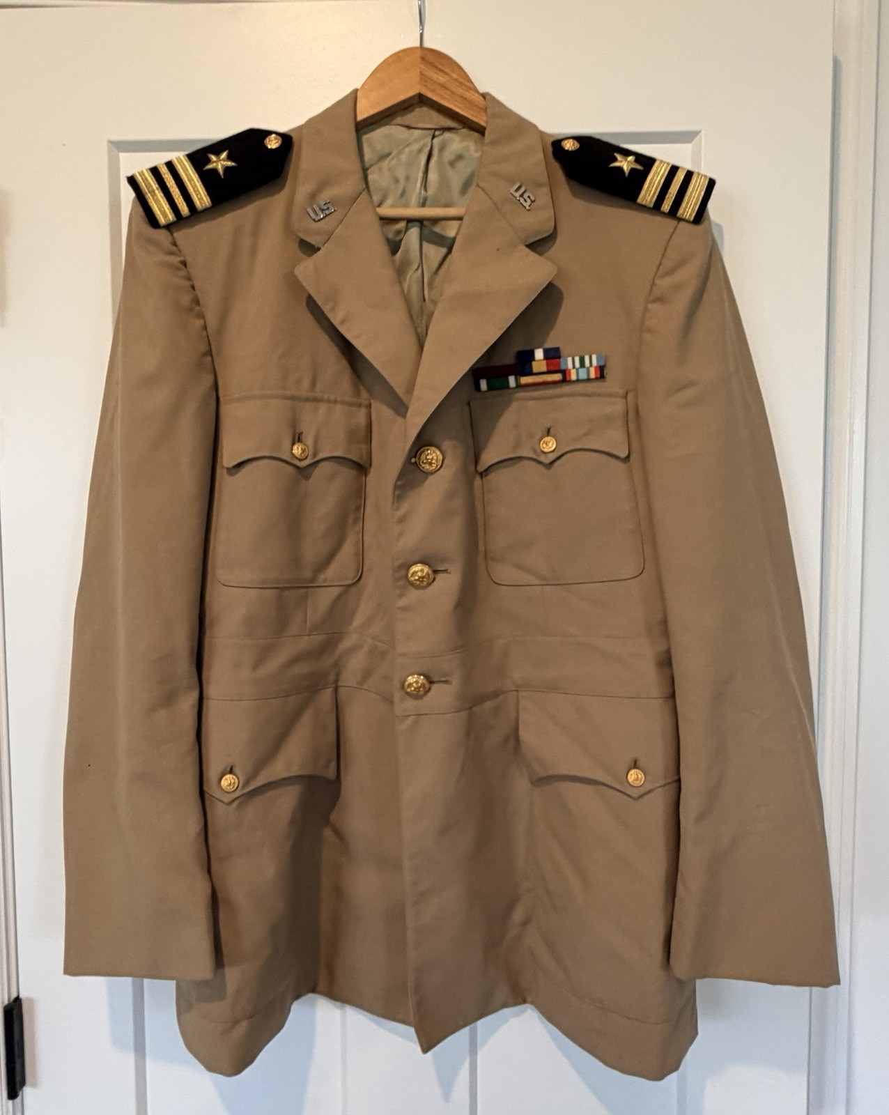 Vtg 1965 US Navy Service Dress Khaki Wool Jacket 42R LCDR Vietnam Ribbons
