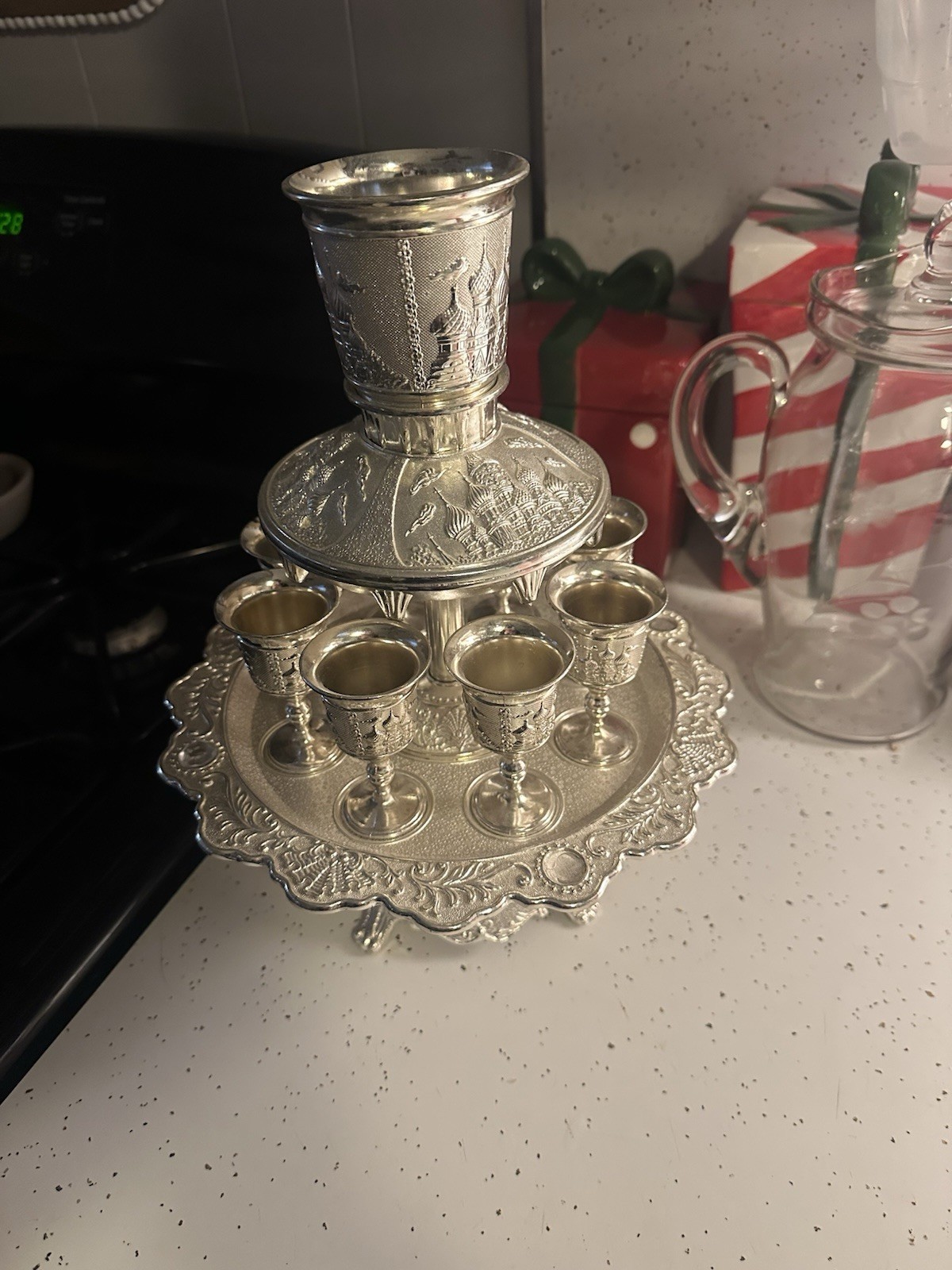 Silver Judaica Kiddush Cup Fountain Set with, Eight Small Cups, and Tray