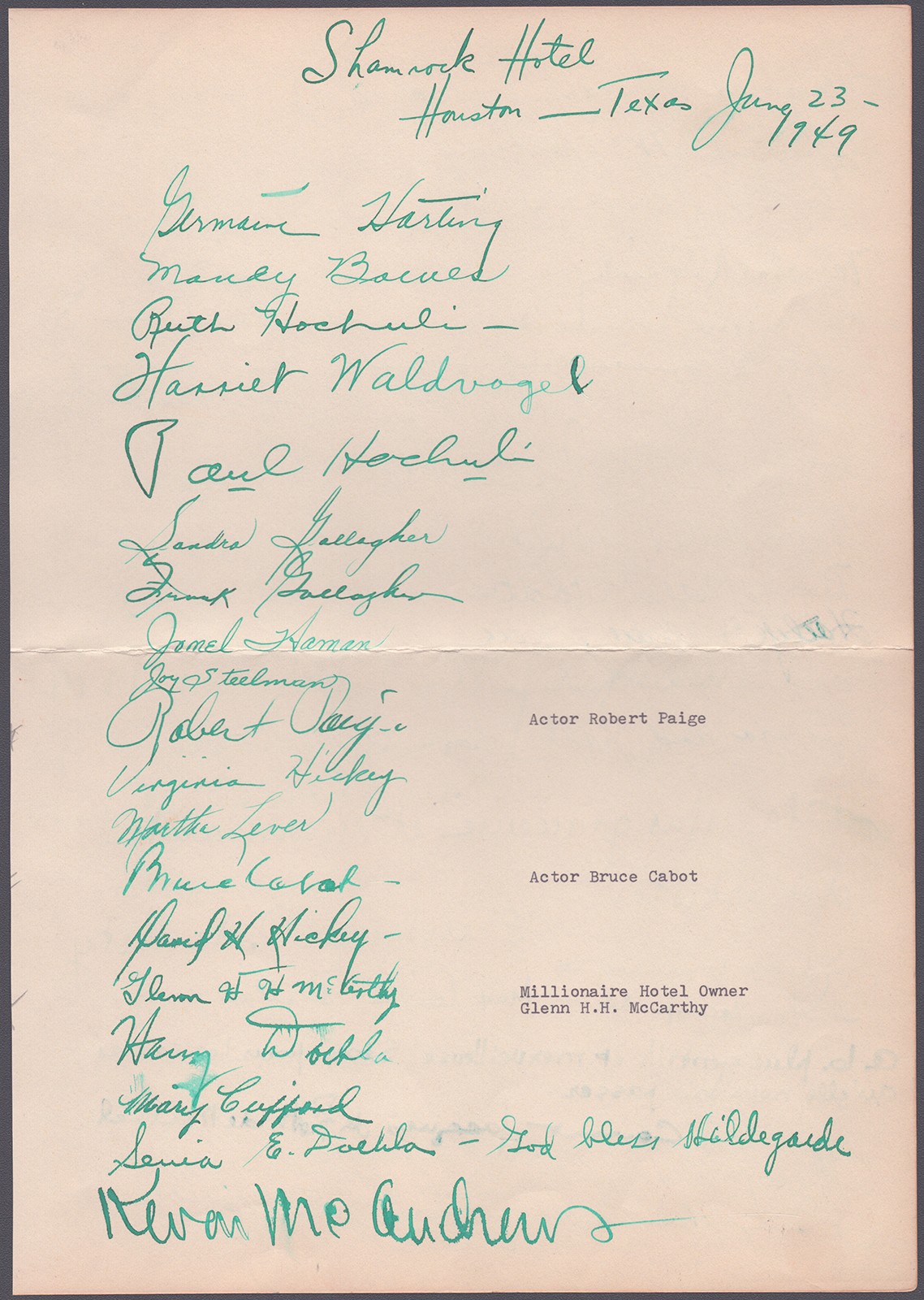 GLENN McCARTHY - AUTOGRAPH CIRCA 1949 WITH CO-SIGNERS