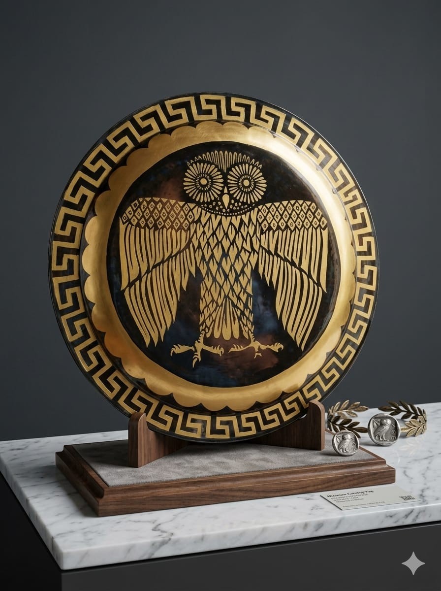 Greek Owl Shield 24 Inch Wooden Hoplite Shield Black Gold Wall Decor
