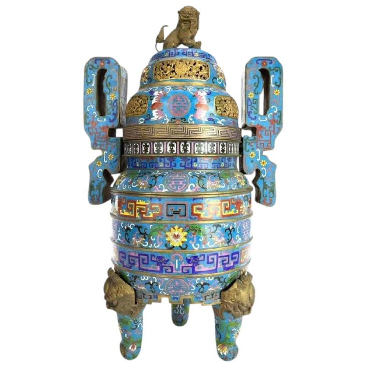 RARE 19C CHINESE CLOISONNE TRIPOD CENSER   “Awesome Colors”