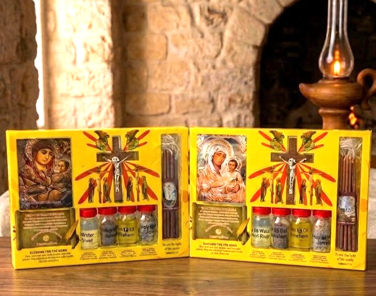2 Boxes Blessing Kit Bottles and olive wood Cross from The Holy Land Jerusalem