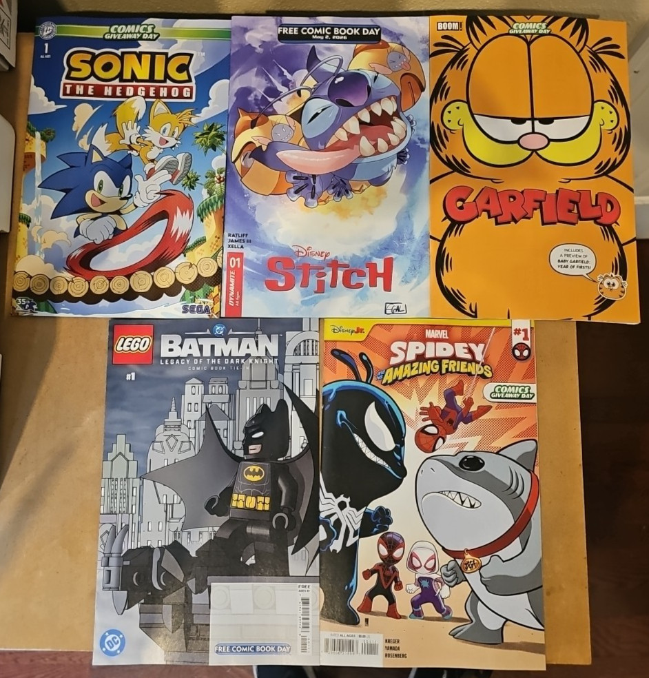 FCBD 2026 Kids Comic Book Lot - Sonic, Stitch, Garfield, Lego Batman, Spidey