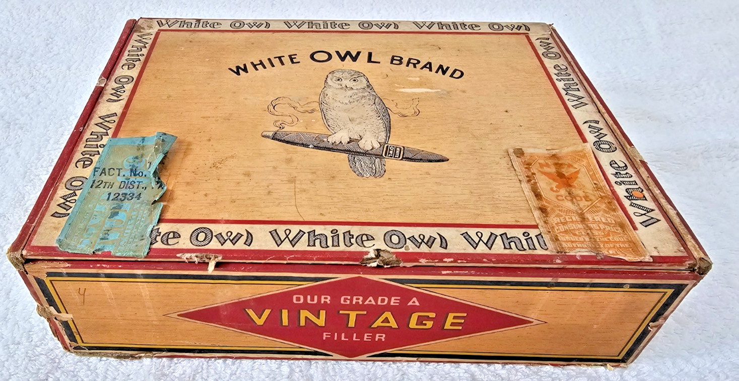 1930s White Owl Cigar Box NRA Blue Eagle Stamp Stumpf's Pharmacy Edgerton WI