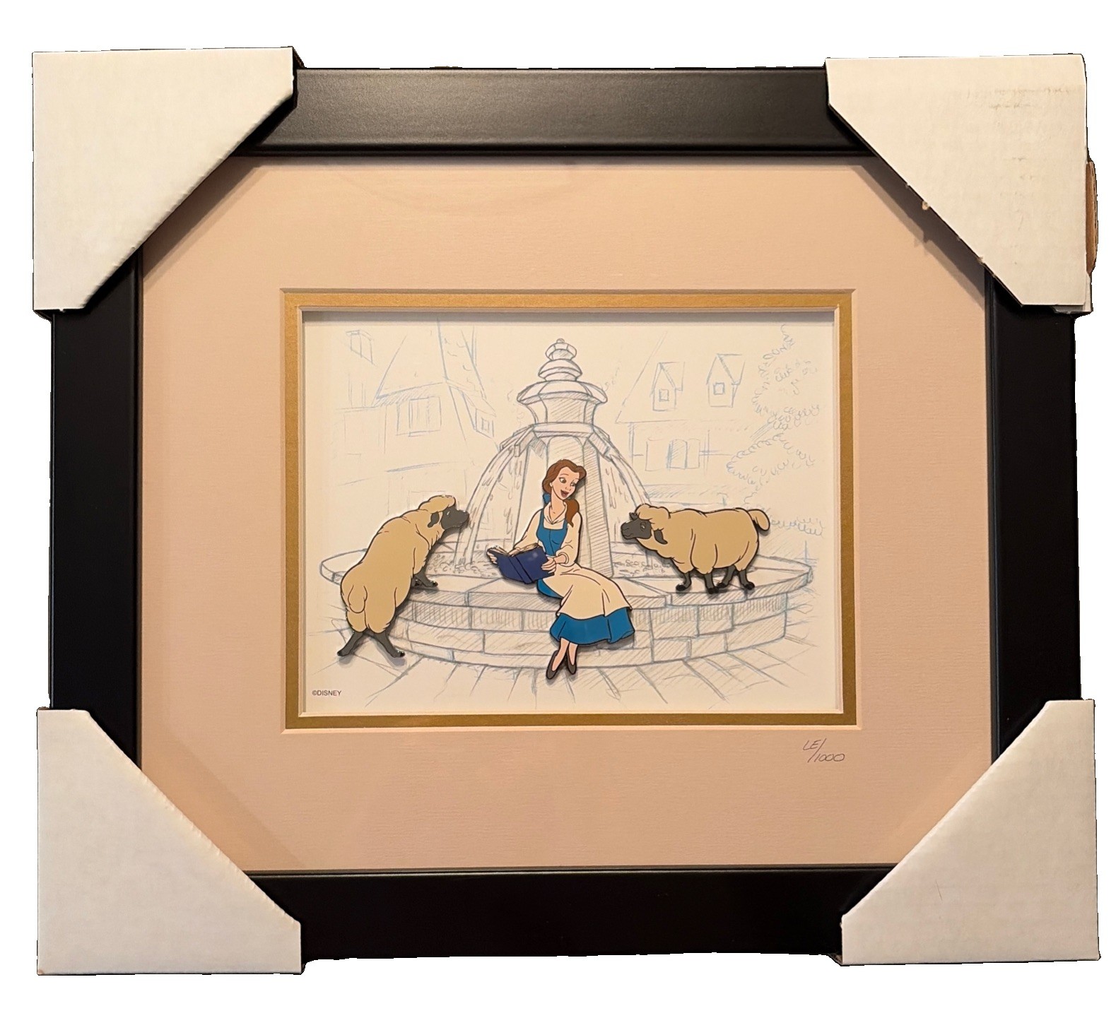DISNEY'S BEAUTY AND THE BEAST BELLE W/ SHEEP AT FOUNTAIN FRAMED PIN SET LE1000