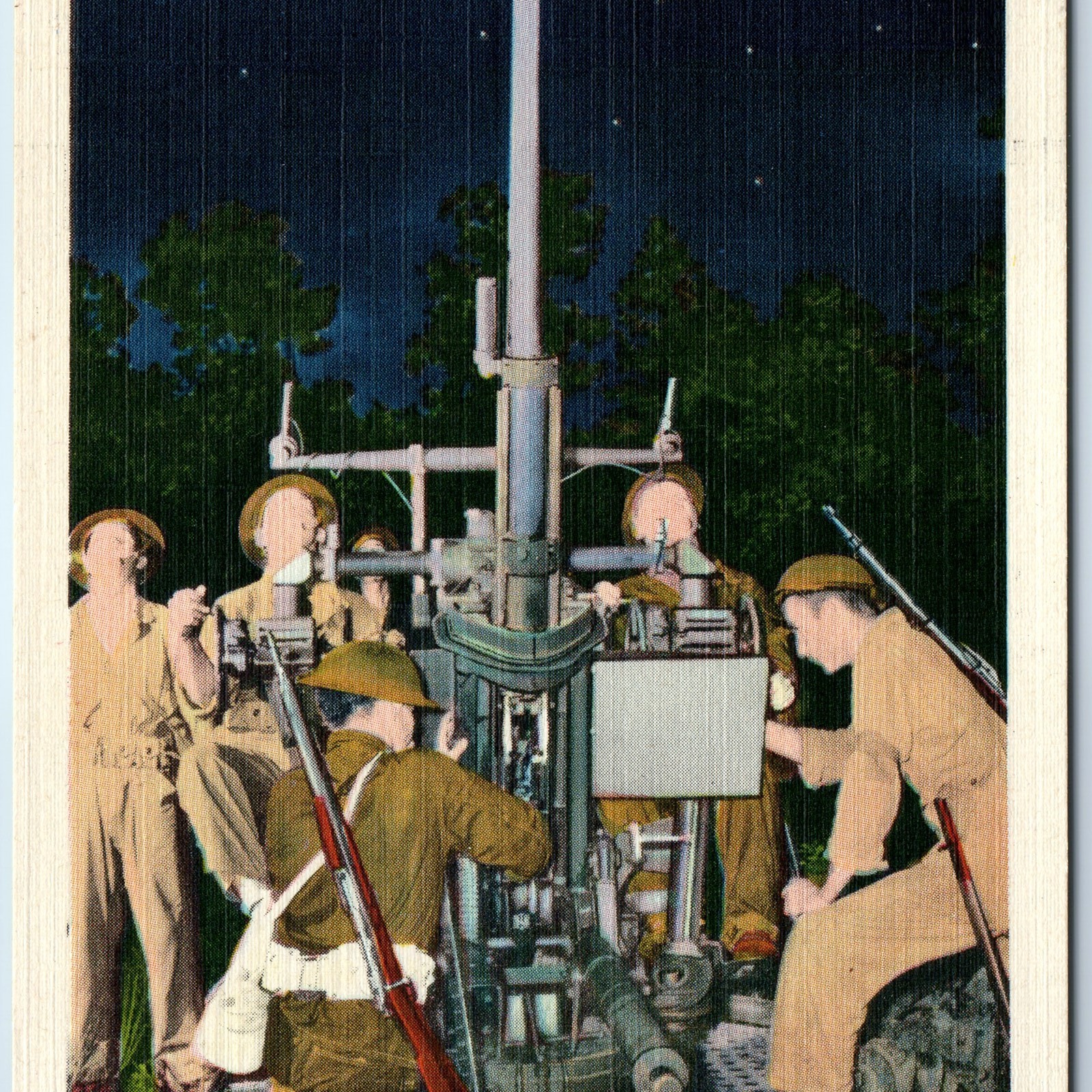c1940s WWII US Army Anti Aircraft Gun Action Night Linen Postcard Signal Corps