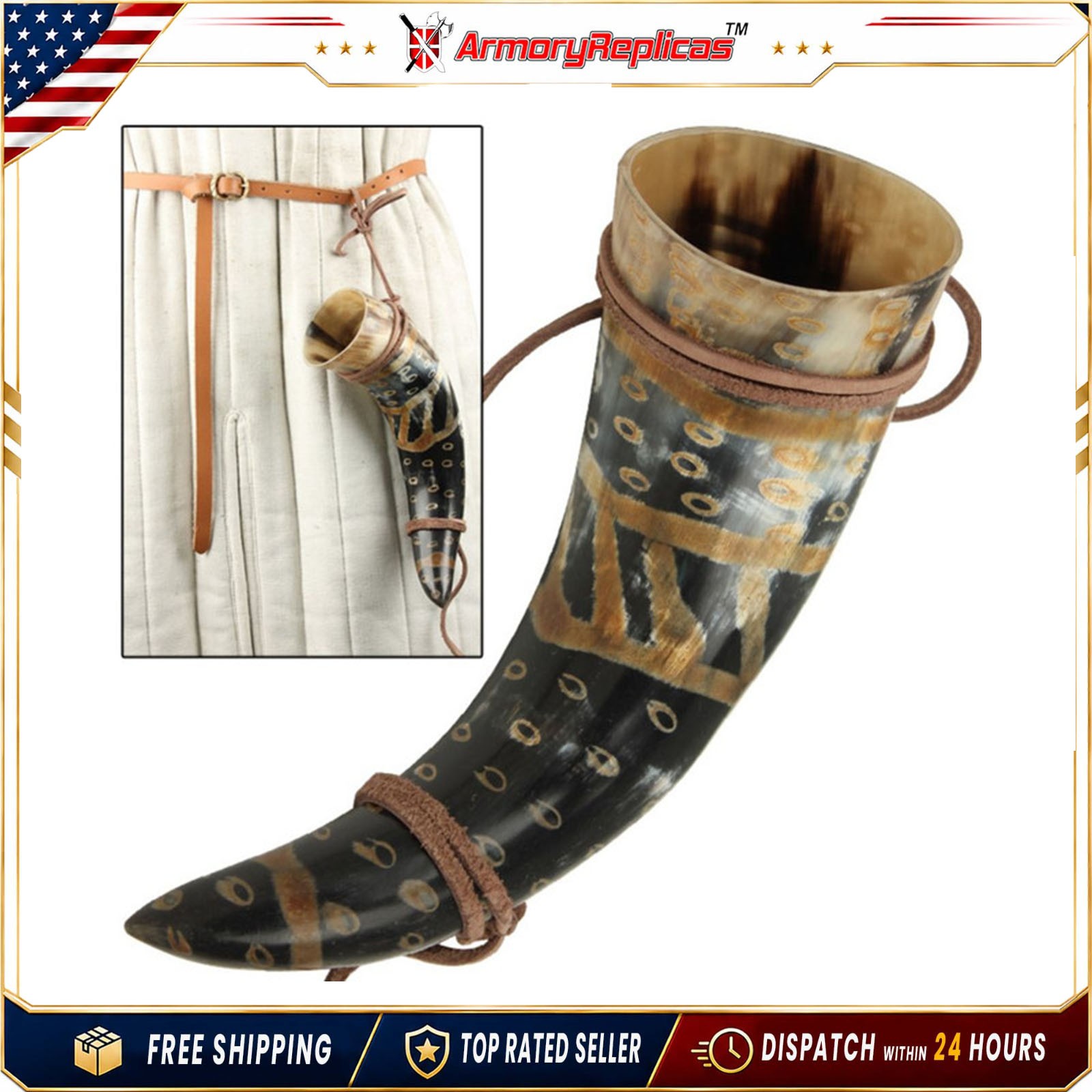 Viking Drinking Horn Norman Leather Holder - Fire Burned Snakeskin Design