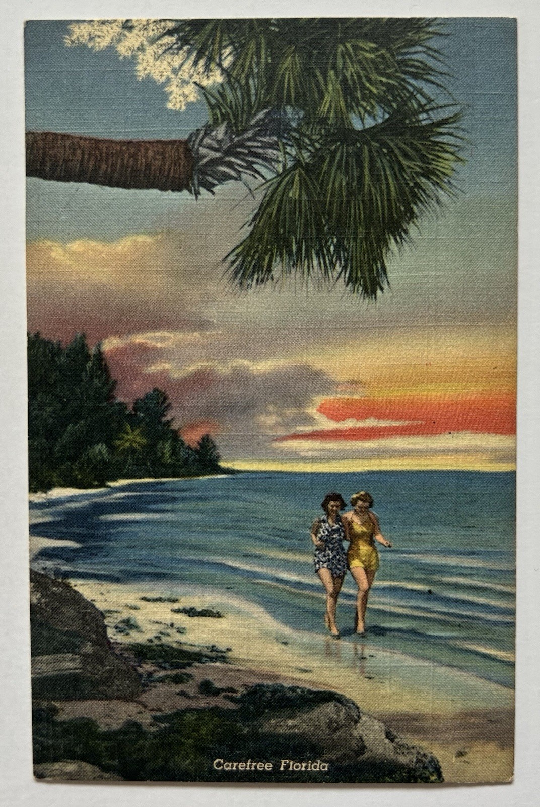 Carefree Florida Beach Sunset Palm Tree Swimsuits Linen Postcard B6