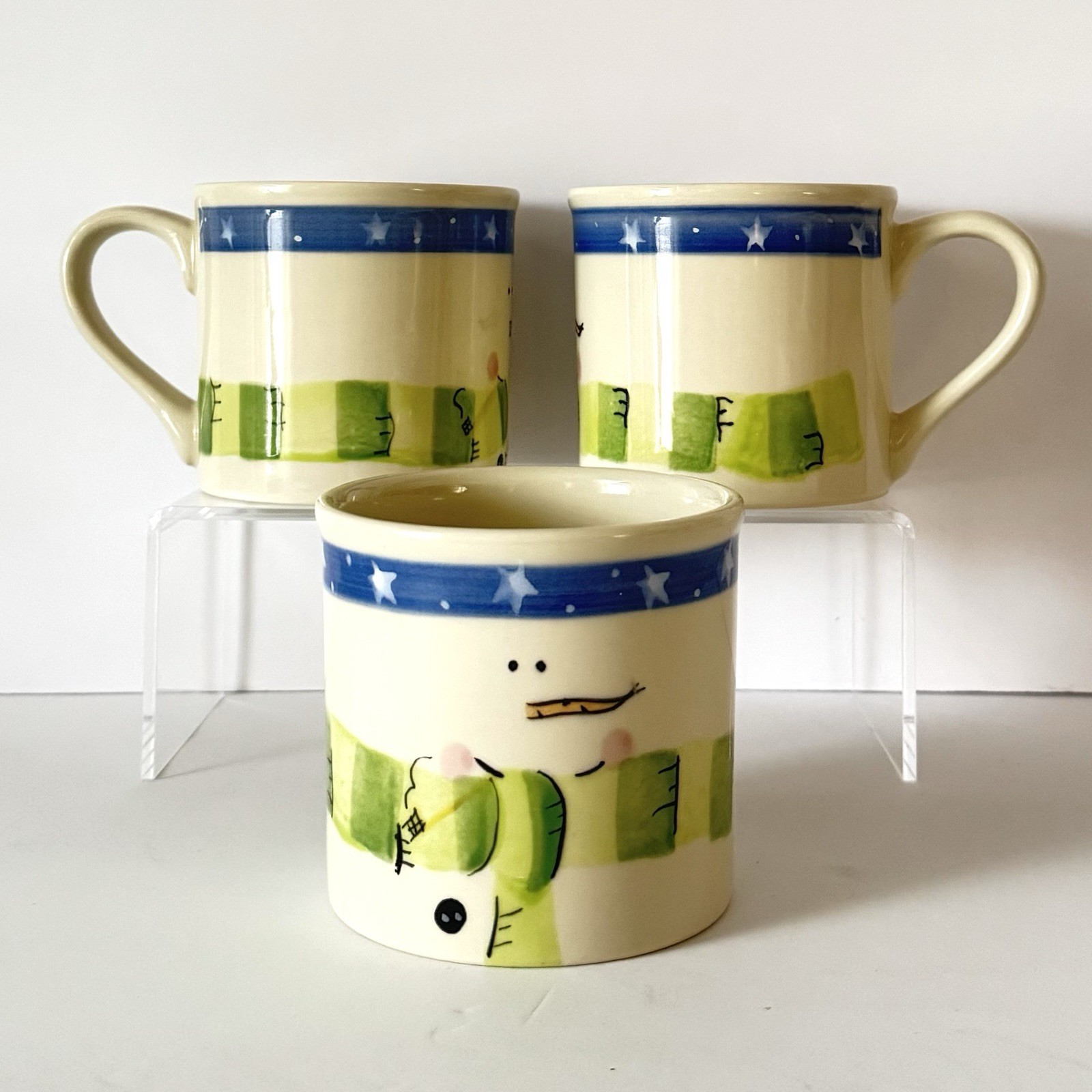 Hartstone Minimalist Line-Art Snowman Face Mug Cream Blue Stars Green Scarf HTF