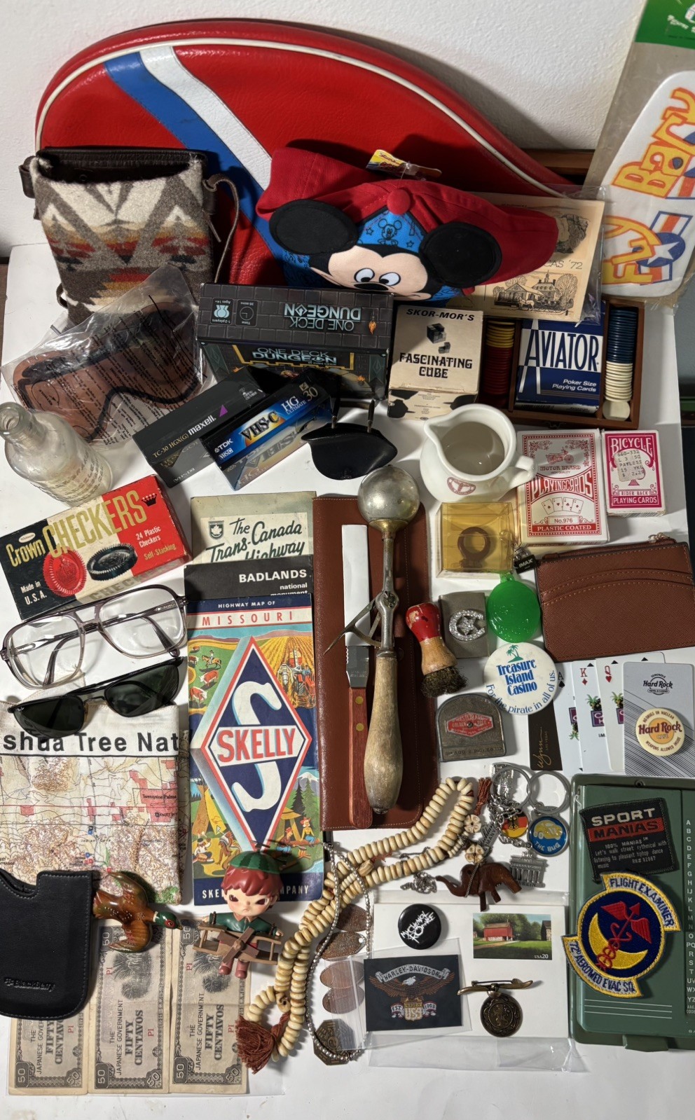 Big LOT Junk Drawer Mens-Patches-Pinback-Fobs-Bottle-Rayban-Maps-Jewelry-Harley