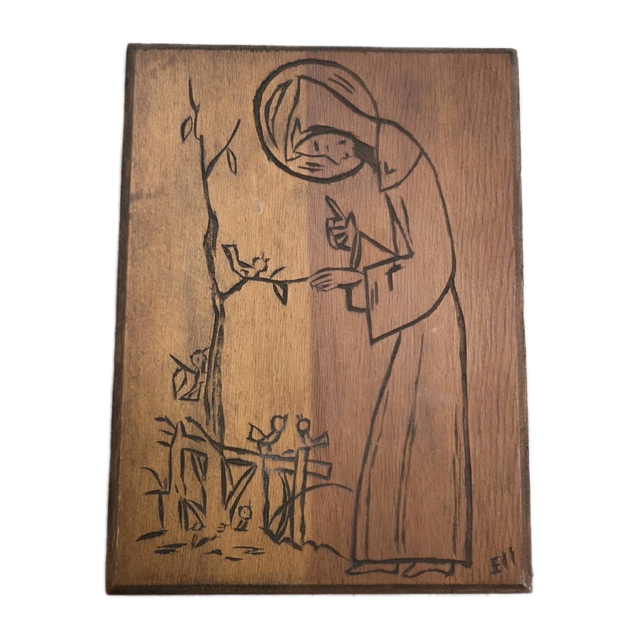 Primitive Folk Art Religious Saint Birds Signed Ell Wood Plaque Etched Vtg  JT