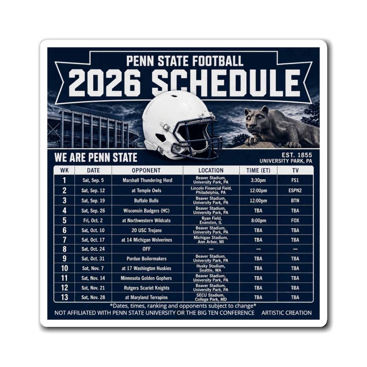 Penn State NCAA Football 2026 Schedule Magnet Refrigerator Schedule