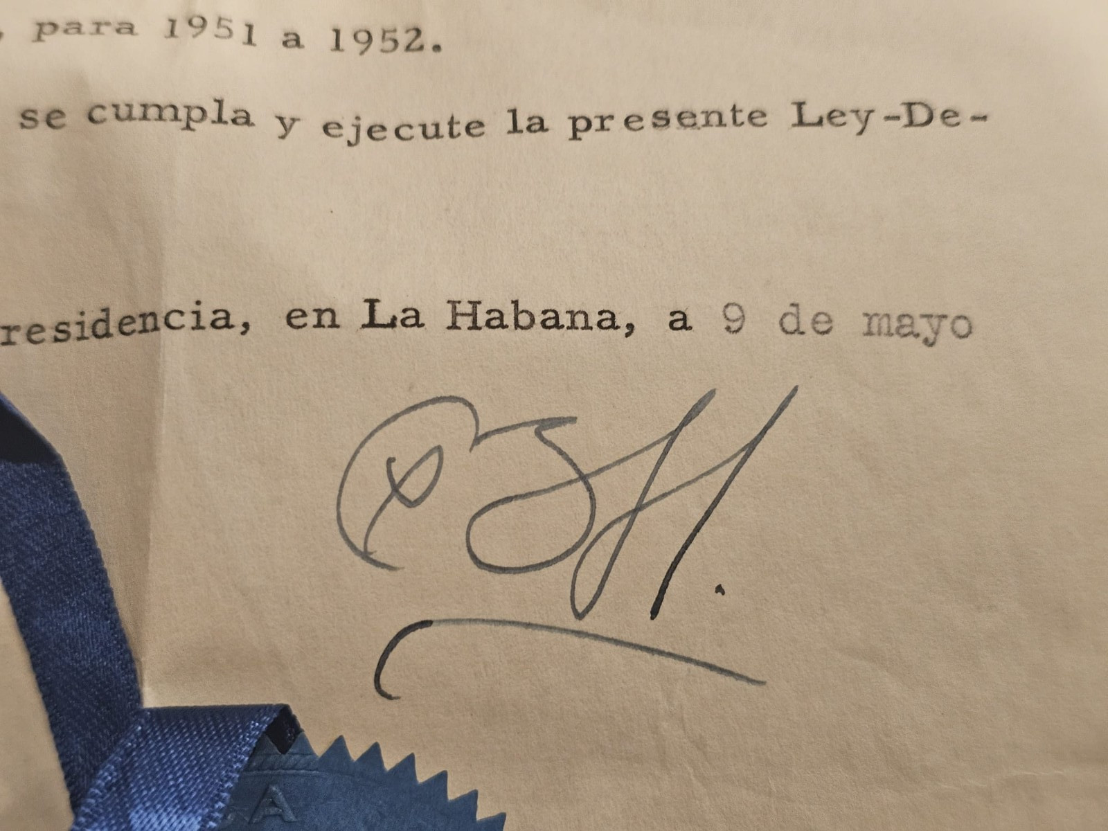 RARE Genuine SIGNED Law AUTOGRAPH PRESIDENT Fulgencio BATISTA Cuba 1952