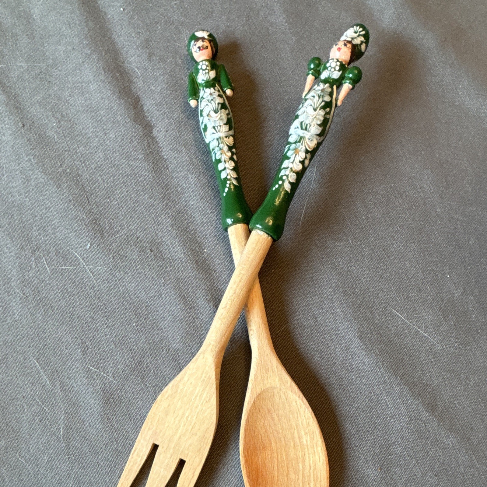 Vintage Hungarian Lady and Man Wood Salad Serving Fork and Spoon