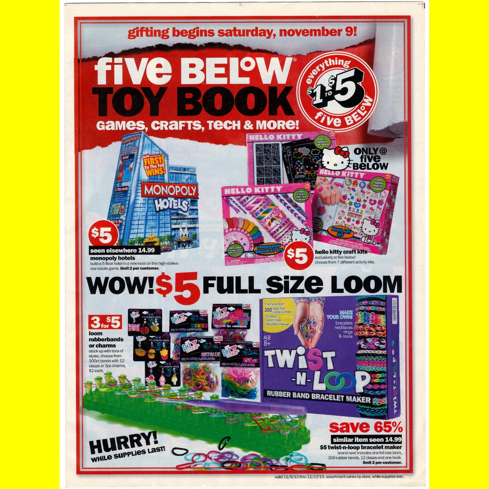 FIVE BELOW Toy Book 2013 Ad Catalog flyer Hello Kitty Newspapers Don\'t Print