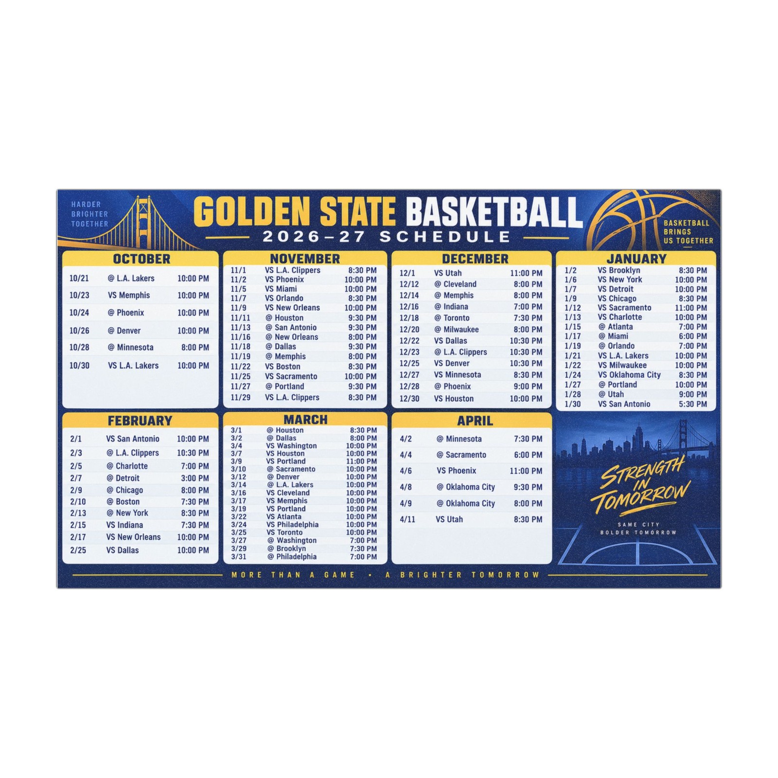 Golden State Warriors NBA 2026-27 Basketball Magnet Schedule 7.5x4.5 Fridge