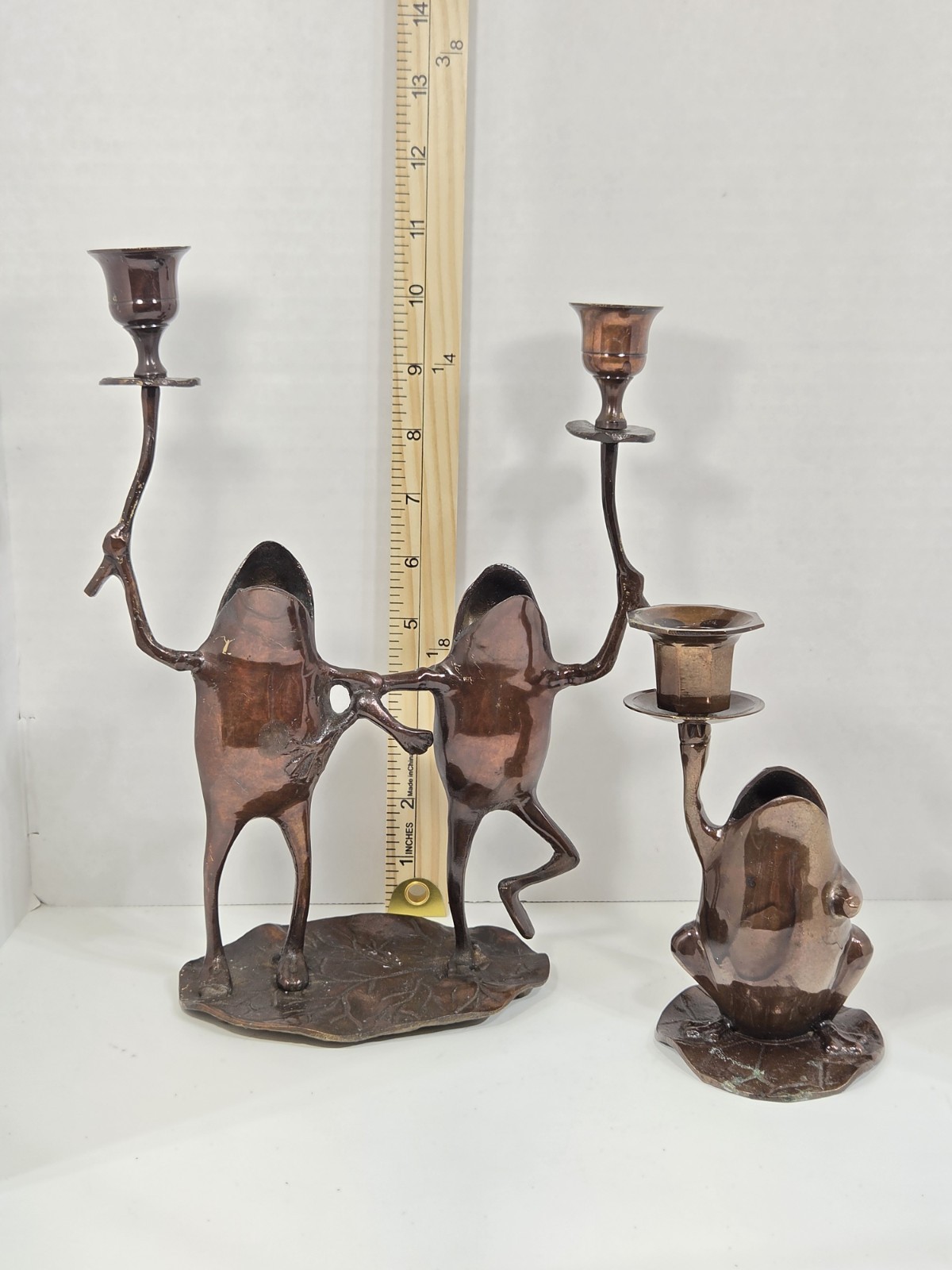 Vintage 1970s Cast Iron Frog Candlestick Holder Double And Single Frogs Dancing