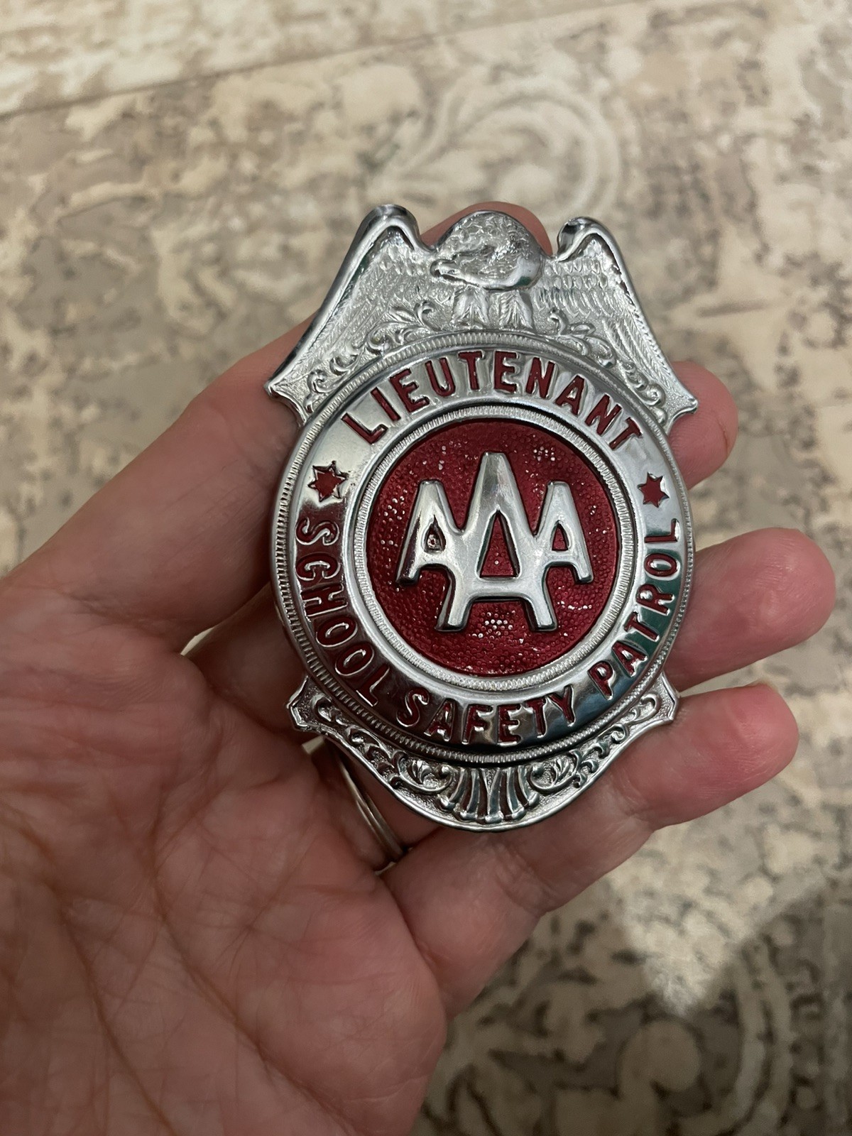 Vintage AAA School Safety Patrol Lieutenant Red Metal Pin-On Badge 