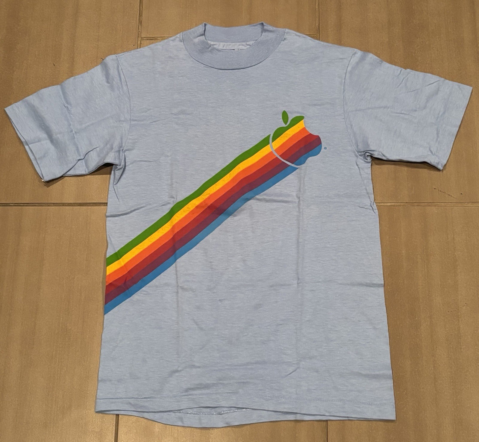 Vintage 1980s Apple Tech Rainbow Stripe Hanes Steve Jobs T-Shirt Blue Men’s Sz S