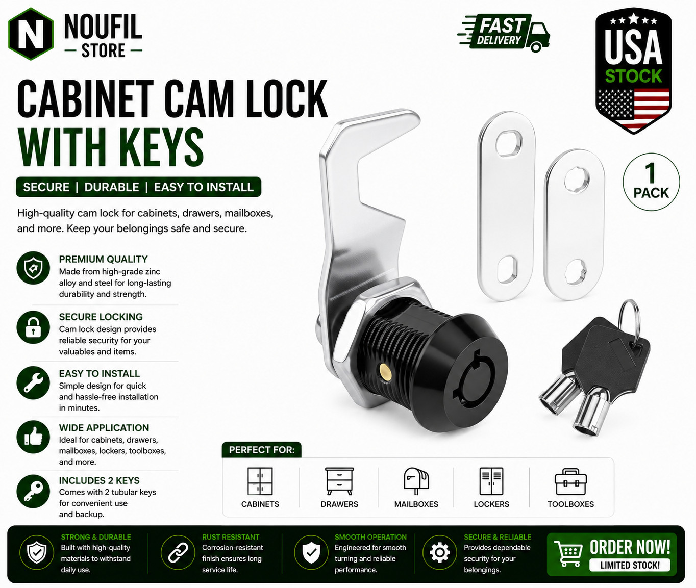 Harbor Freight Tool Cart Lock - Zinc Alloy (5/8 Inch 1 Pack-Black) - Hook Cam
