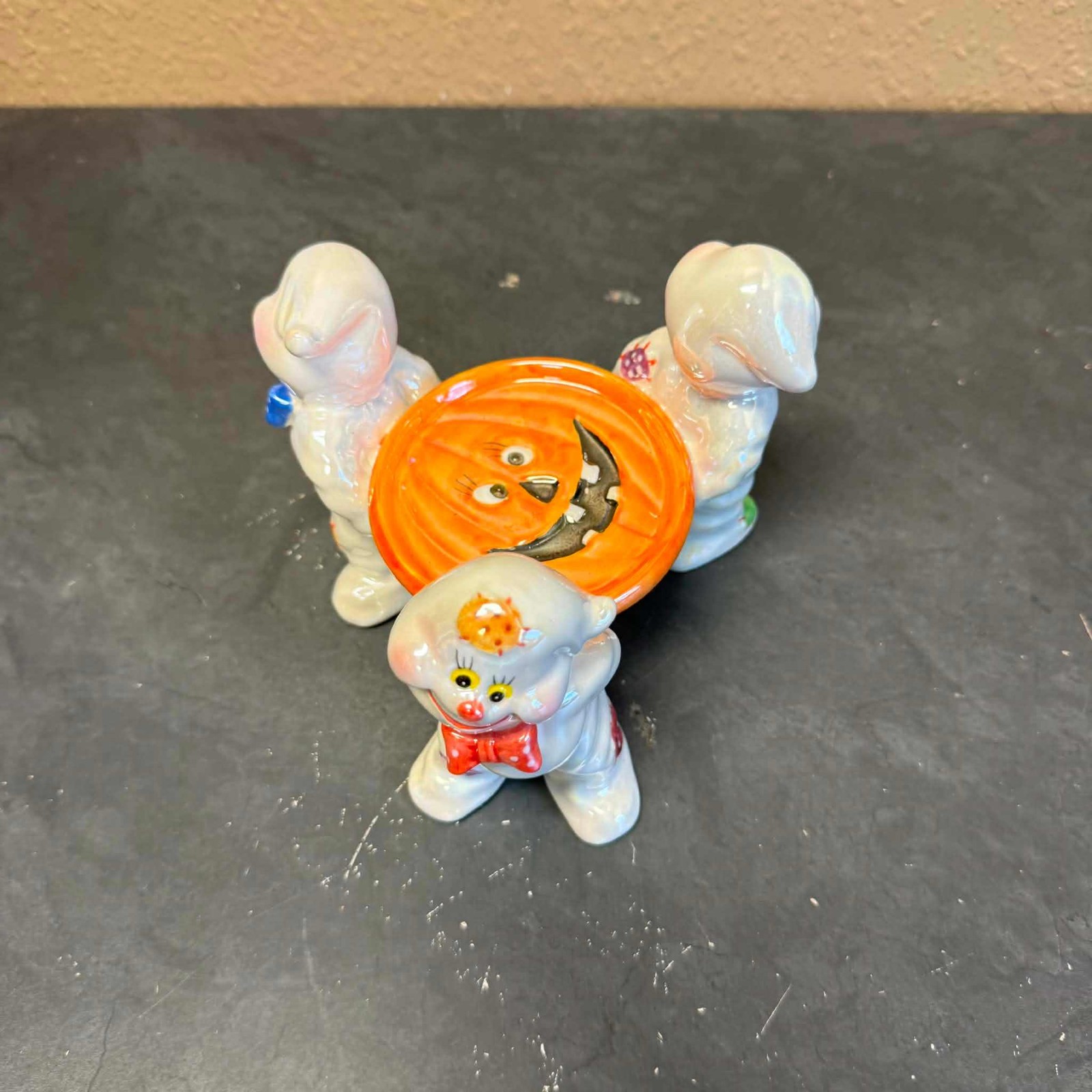 Ceramic Clown Trio Candy Dish Halloween Jack-O-Lantern Plate Figural Collectible