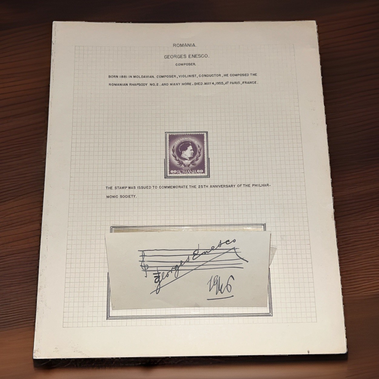 Georges Enesco Signed Autograph 1946 Vintage Stamp Presentation Page Enescu