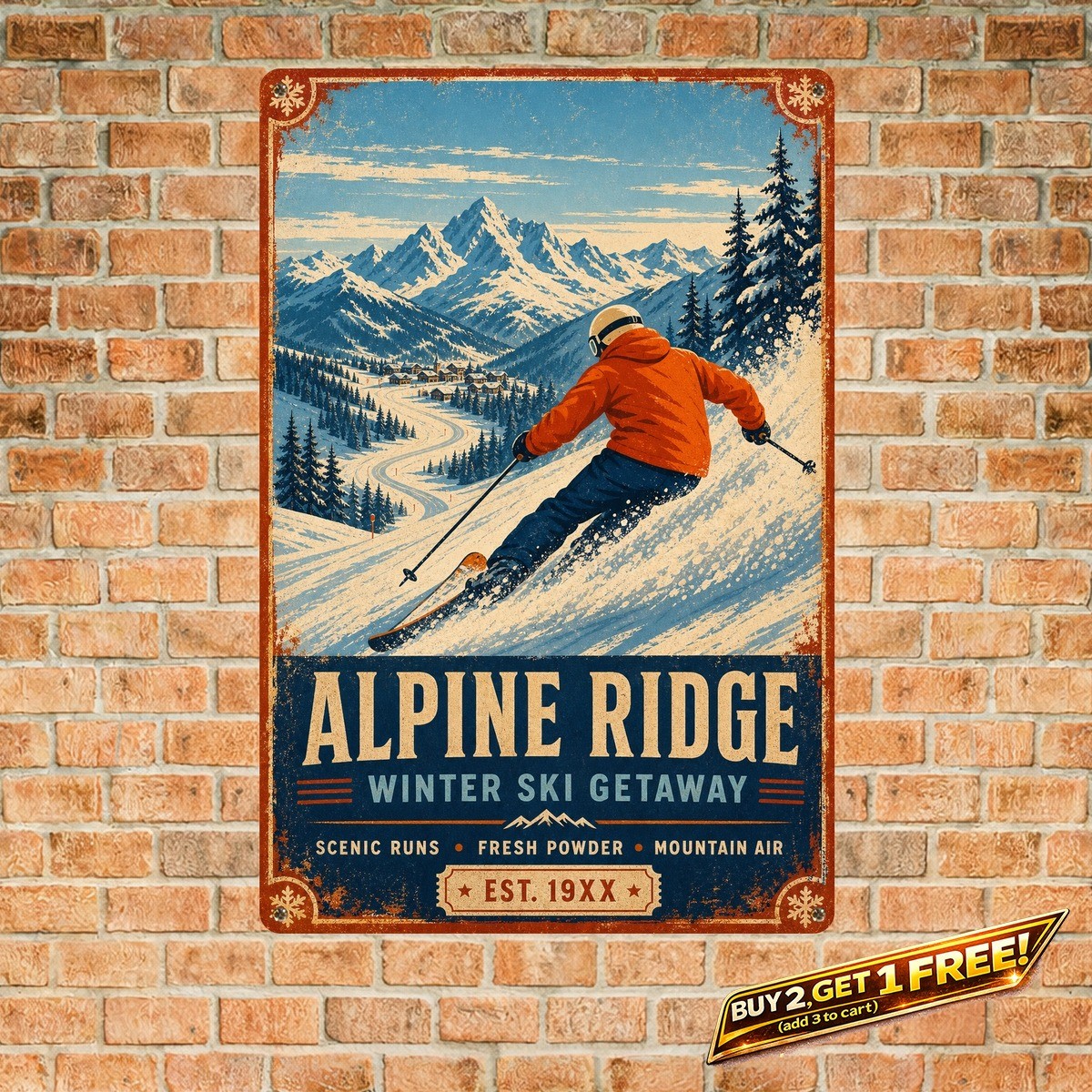Winter Ski Resort Painting Bedroom Decor Metal Tin Sign 8x12