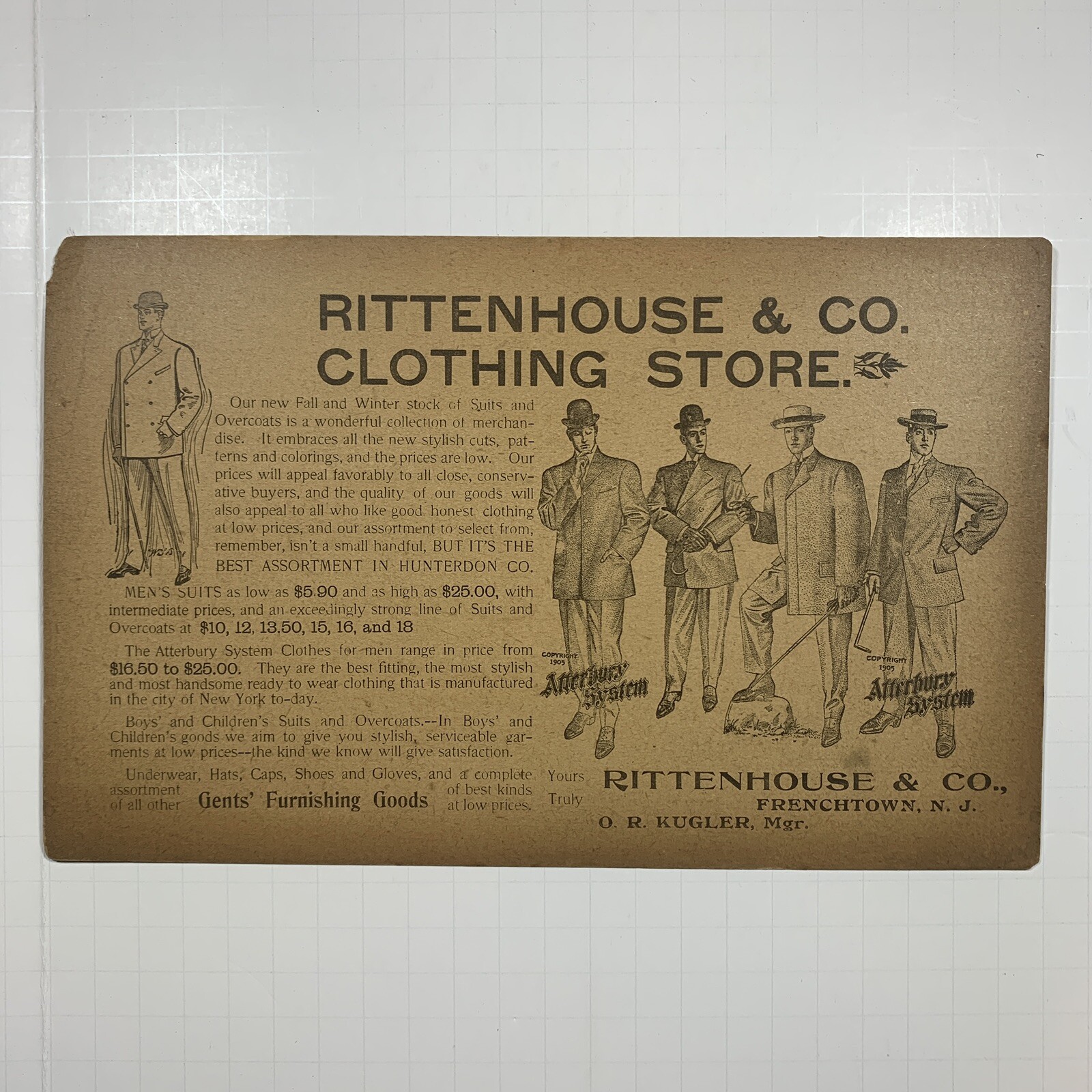 RITTENHOUSE & CO. CLOTHING STORE  1905 MENS FASHION TRADE CARD FRENCHTOWN, NJ
