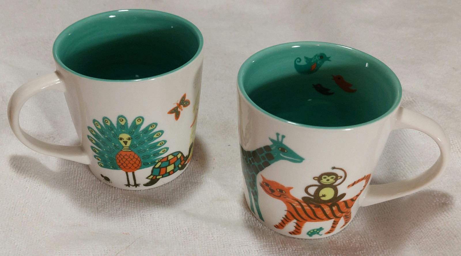 Lot (2) Starbucks 2008 Zoo Animals Safari Mugs White Porcelain-Teal W/Print 8OZ