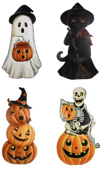 Vintage Inspired Halloween Metal Sign Set (4) Ghost, Cat, Pumpkins and Skeleton