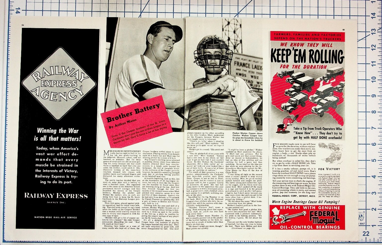 1942 Collier's Magazine Page WWII Railway Express Baseball Ads Kool Cigarettes