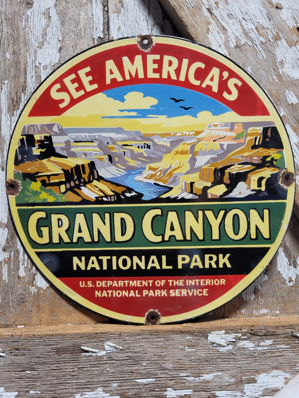VINTAGE GRAND CANYON PORCELAIN SIGN RARE OLD NATIONAL PARK SMOKEY BEAR FOREST 