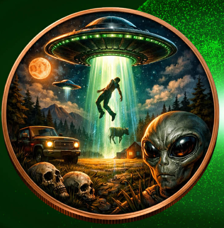 Alien Invasion Man Abduction Colored Coin in Large Capsule 5oz AVDP Copper Round