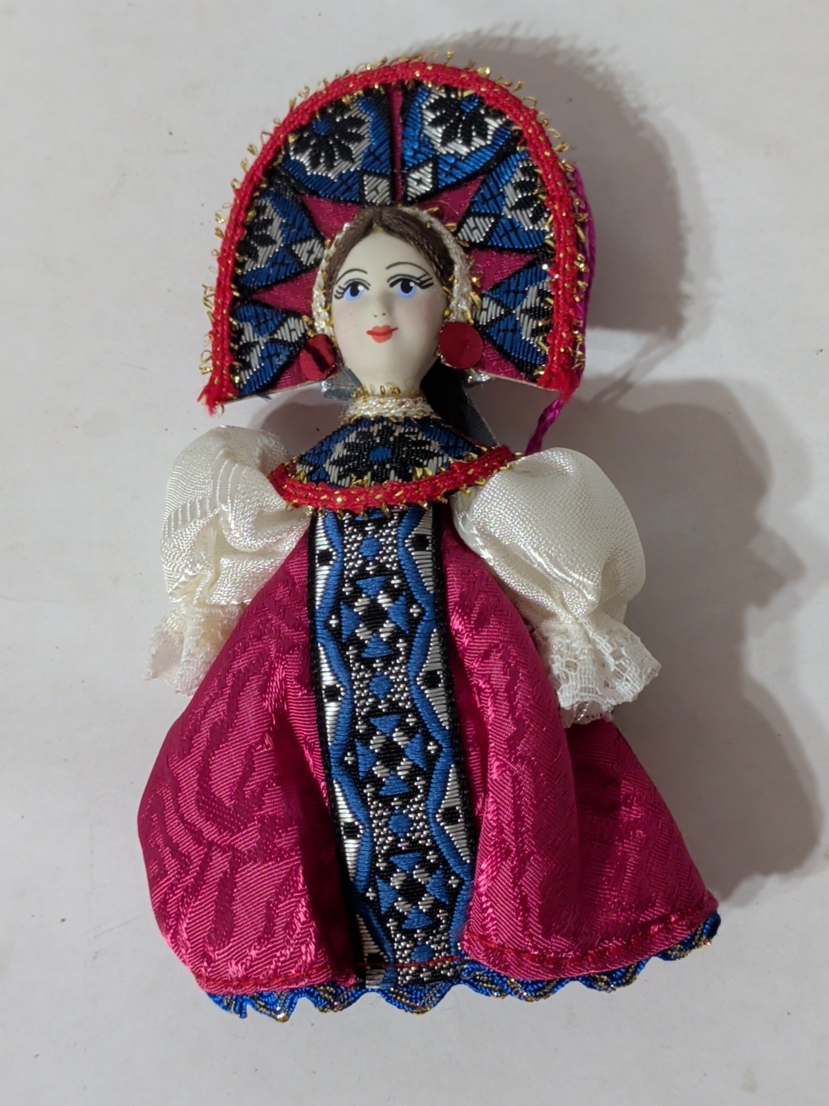 VTG Russian Doll Traditional Folk Costume Porcelain Face Christmas Tree Ornament
