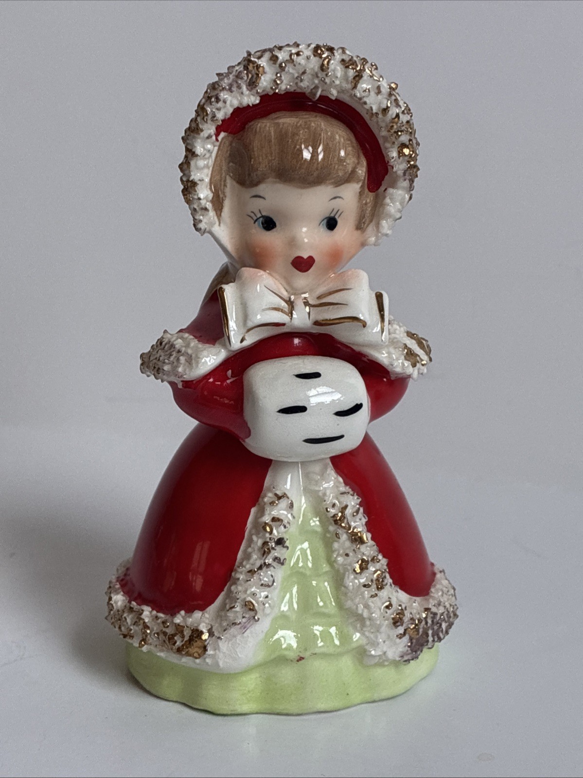 Vtg 1950’s Lefton Christmas Girl w Muff Bell Spaghetti Trim Japan Ceramic