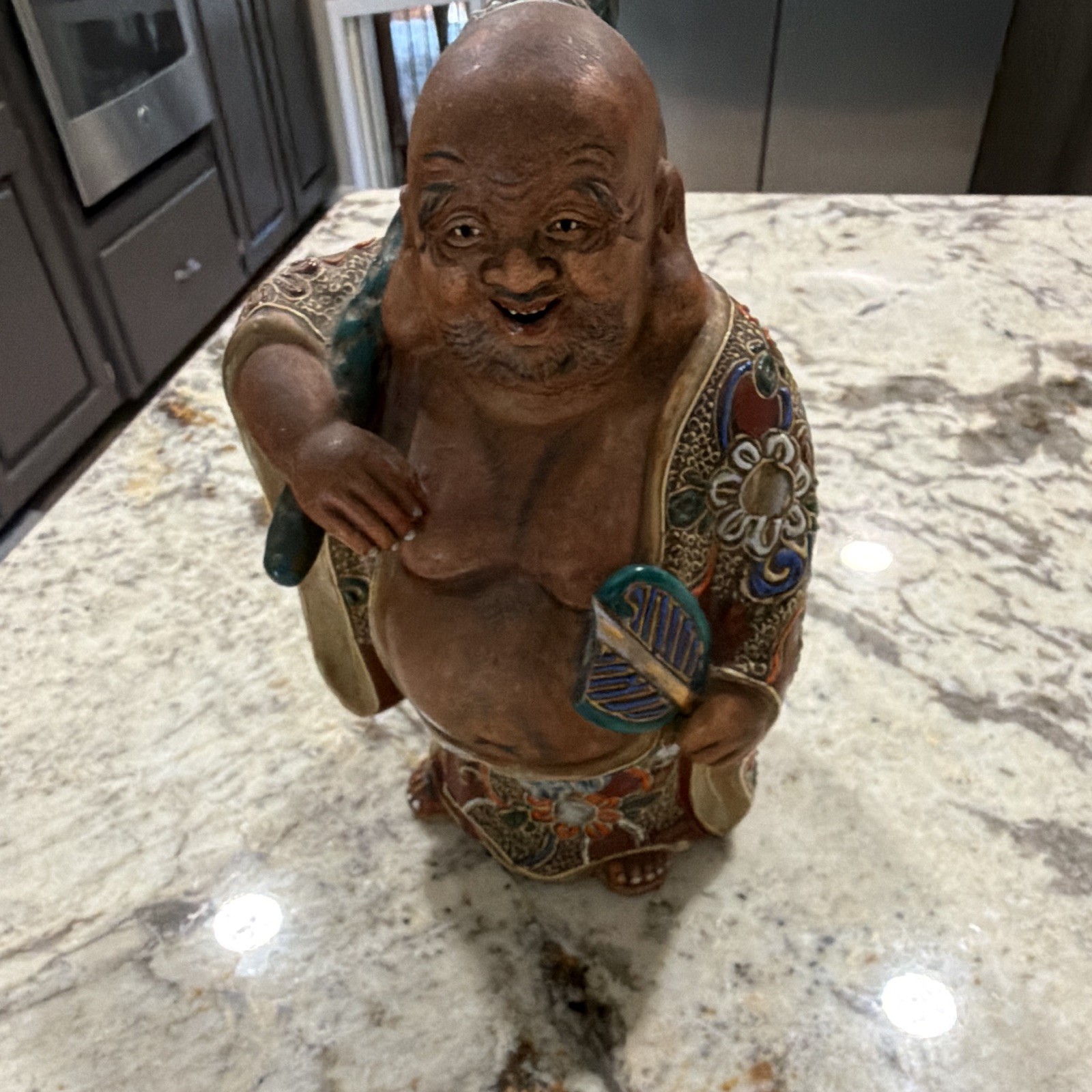 Vintage c1940s Asian Hotei Laughing Buddha 8.5” Moriage Figure Fan Sack