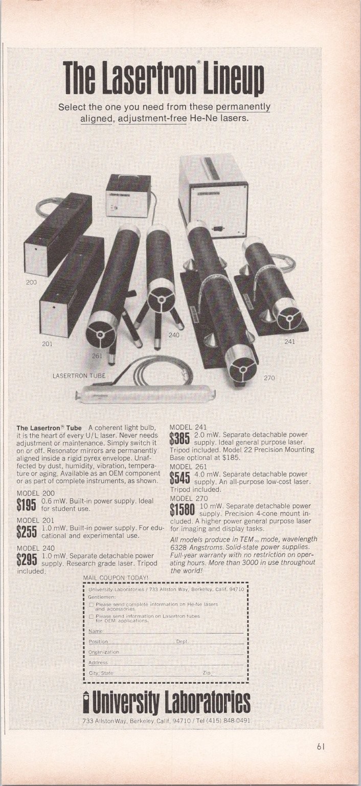 University Laboratories Lasertron He-Ne Laser Vintage 1960s Magazine Ad