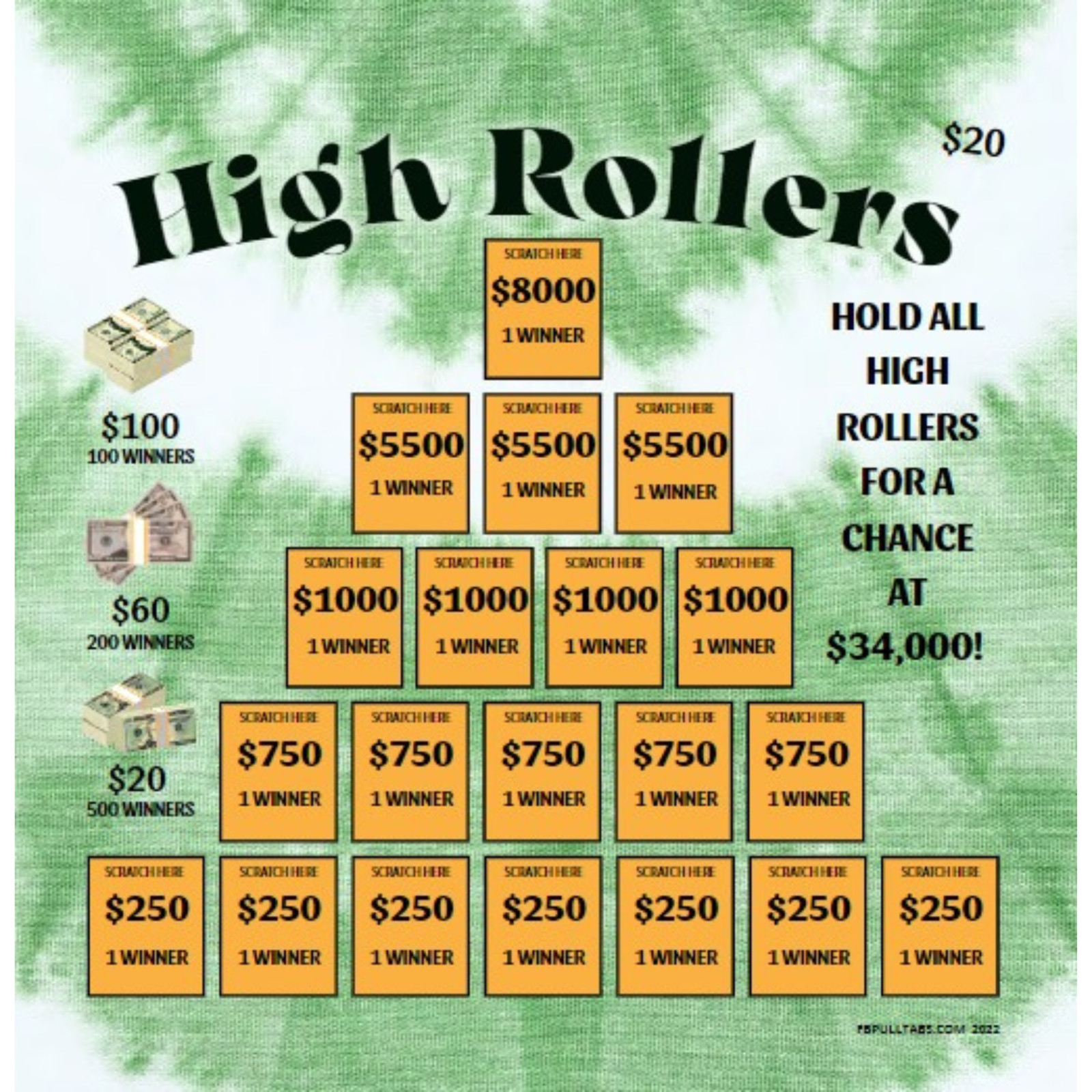 HIGH ROLLERS 20 POINT/13200P 3960 PULL TAB HARD CARD TICKETS GAME 
