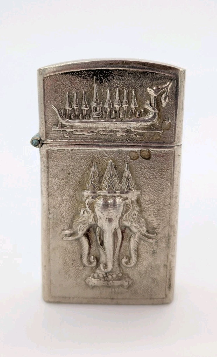 Vintage Siam Silver Gas Lighter Thailand Gods Mayan Themed Flip Top Hieroglyph