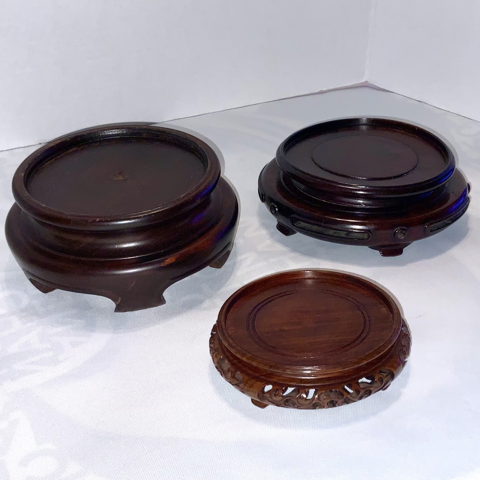SET OF 3 LOT Chinese Hand Carved Wooden Vase Stands Various Sizes Vintage ROUND