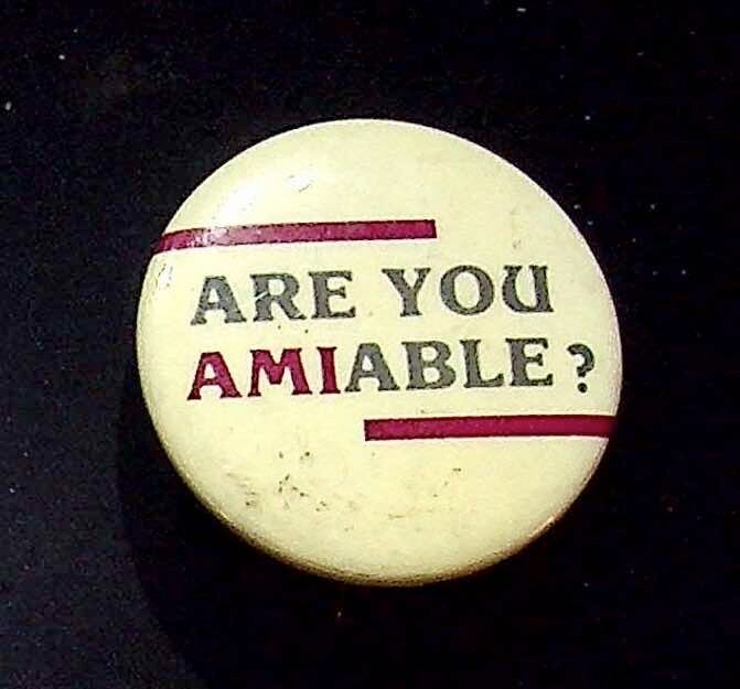 Vintage Are You Amiable Pinback Button Collectible Political Button Advertising