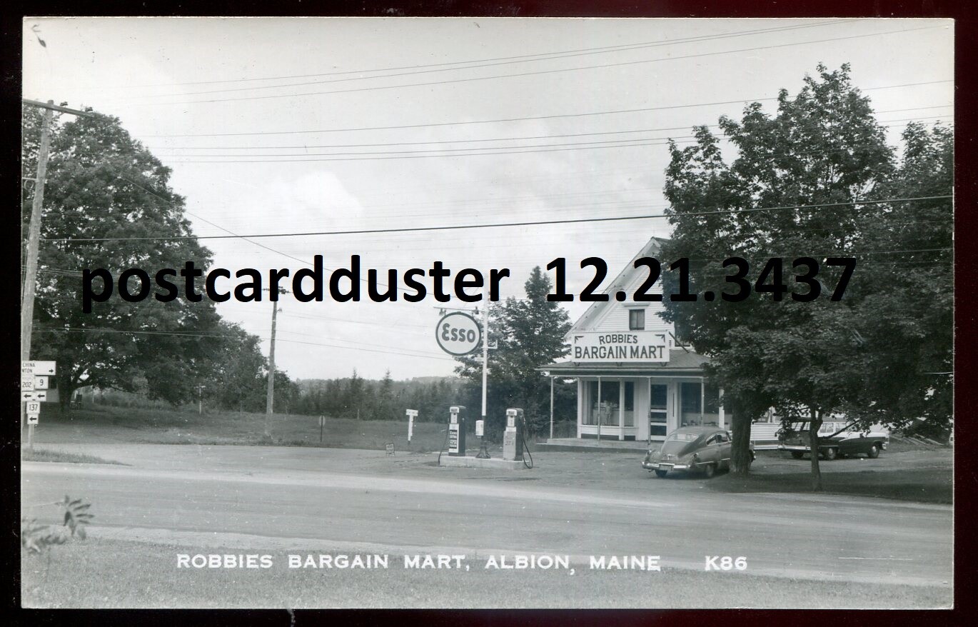 ALBION Maine 1950s Bargain Mart ESSO Gas Station. Real Photo Postcard