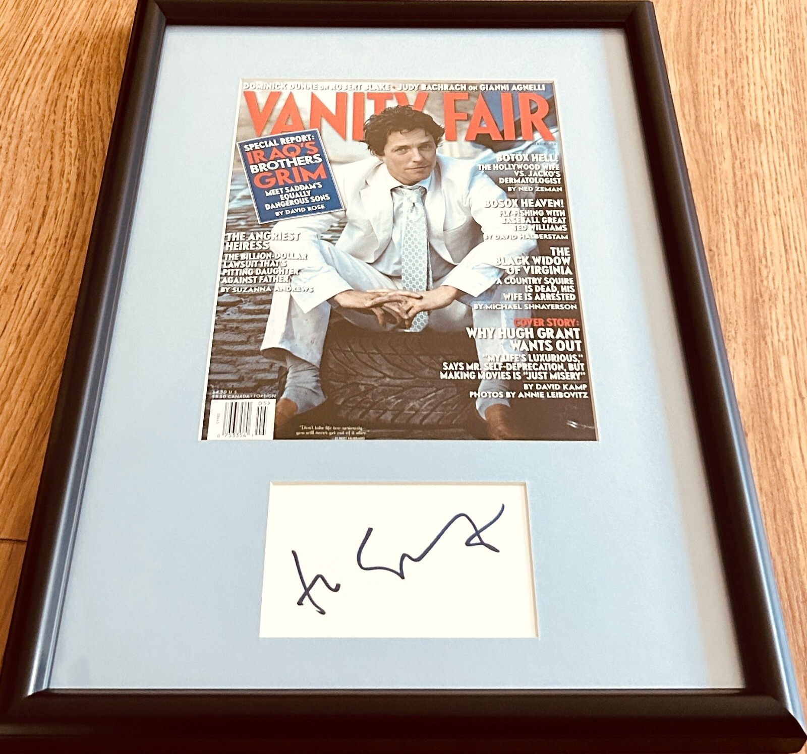 Hugh Grant signed index card cut framed 2003 Vanity Fair cover JSA Notting Hill