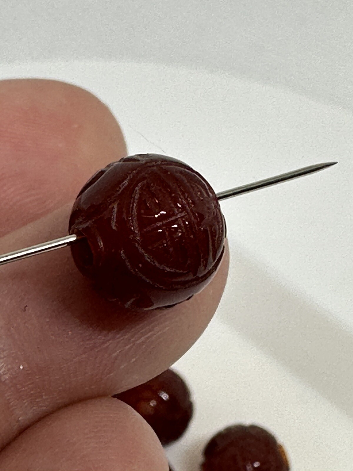 One Vintage Chinese Carved Gemstone Bead Carnelian Double Shou Round 10mm