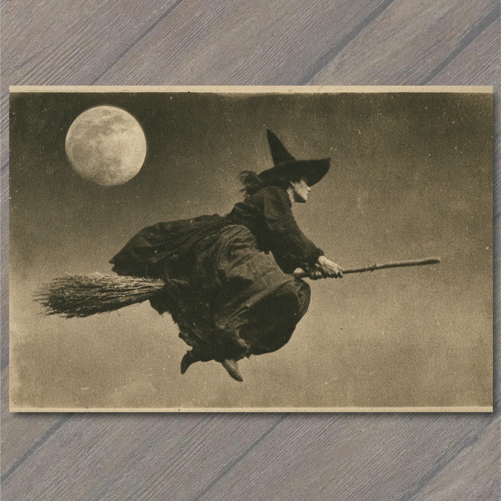 POSTCARD Witch Flying Moonlight Broomstick Dark Night Surreal Gothic Horror