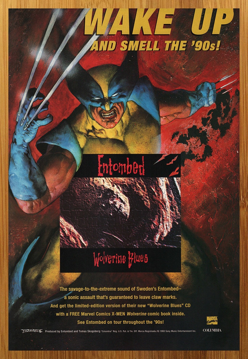 1993 Entombed Wolverine Blues Print Ad/Poster Marvel Comics X-Men CD LP Art 90s