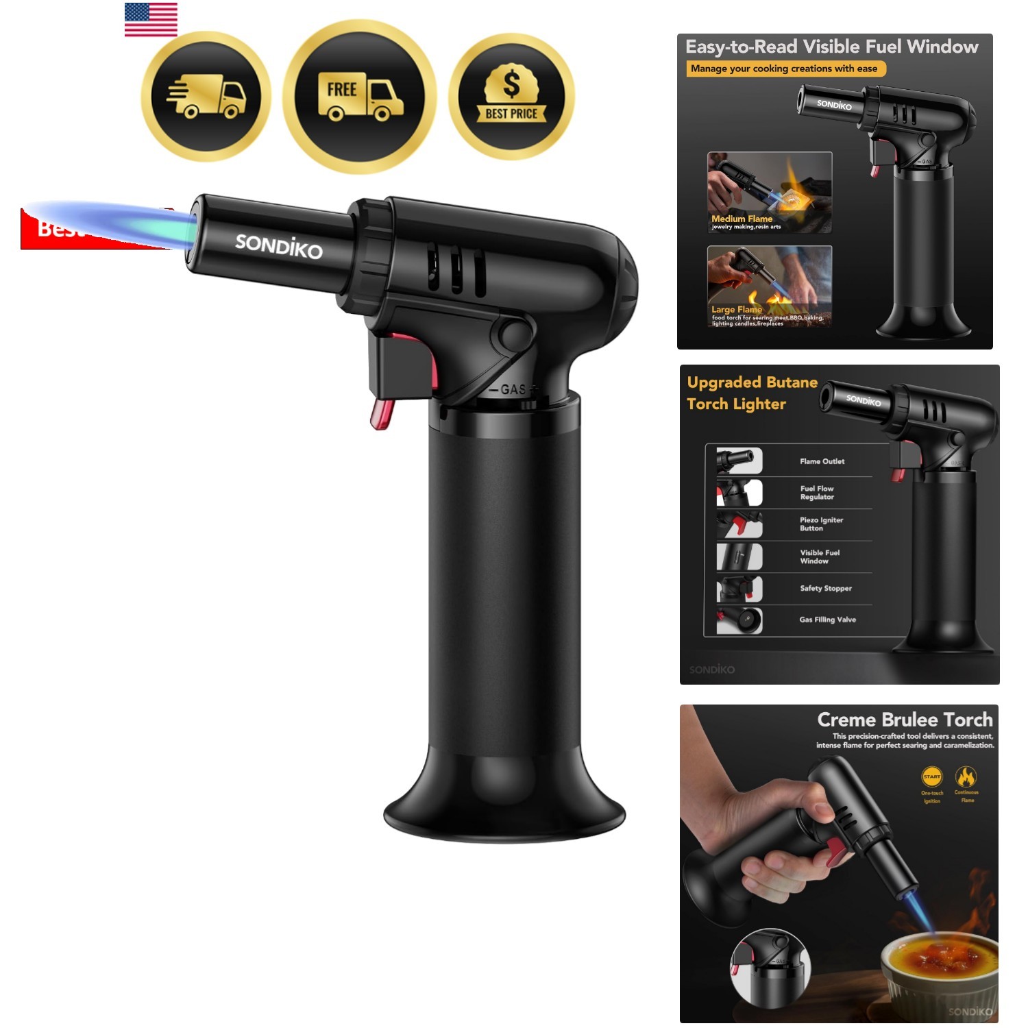 Butane Torch Lighter with Visible Fuel Window, Refillable Soldering Torch wit...
